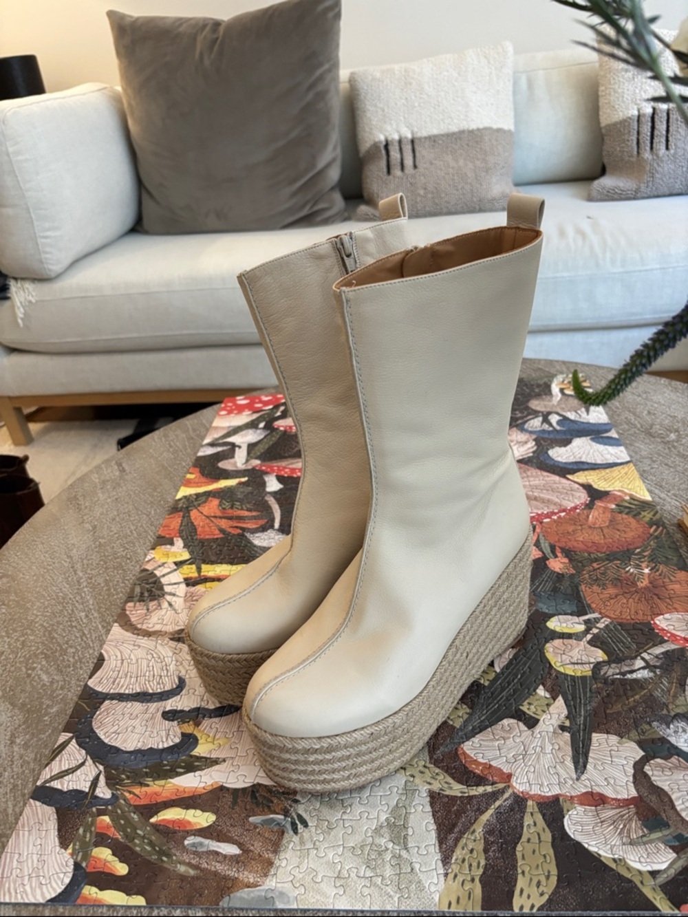 Paloma Barcelo Cream Leather Platform Mid Calf Espadrille Boots